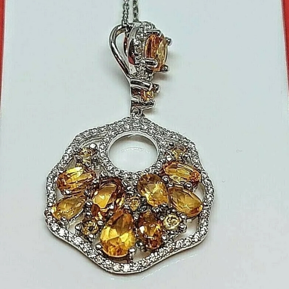 Natural Citrine & Cz 14K White Gold on 925 Sterling Silver Necklace - Picture 2 of 5